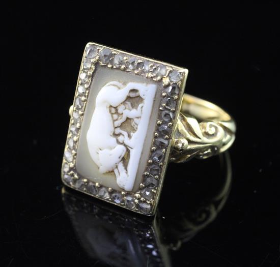 An antique gold, cameo and rose cut diamond set ring, size K.